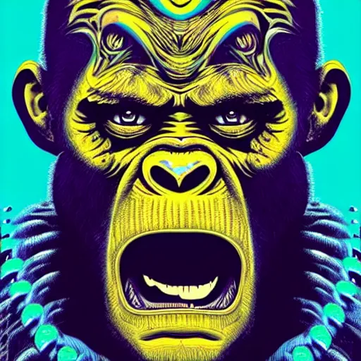 Image similar to jim carrey, will smith, madonna, lady gaga, barong family, wiwek, mara demon, one single tribe member, jungle, one single mask, dark, ancient warrior, grumpy gorilla, violence blood, tribal, inner glow, art by dan mumford and justin gerard