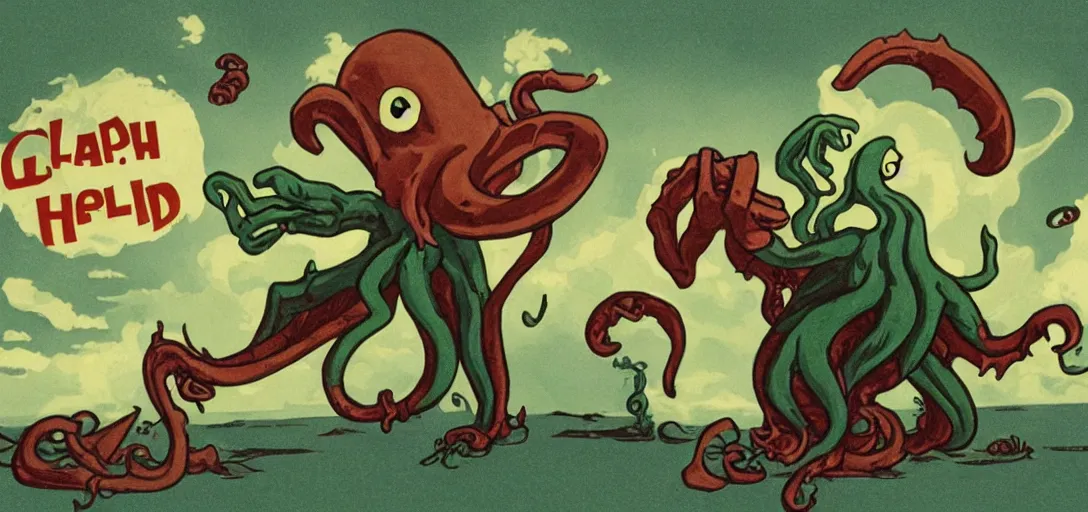 Image similar to Cthulhu in Cuphead, videogame still, clean 1930s style
