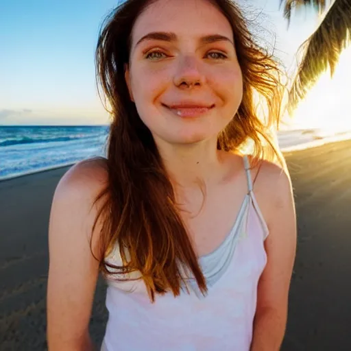 Prompt: Selfie photographCute young woman, long shiny bronze brown hair, green eyes, cute freckles, soft smile, golden hour, beach setting, medium shot, mid-shot, instagram