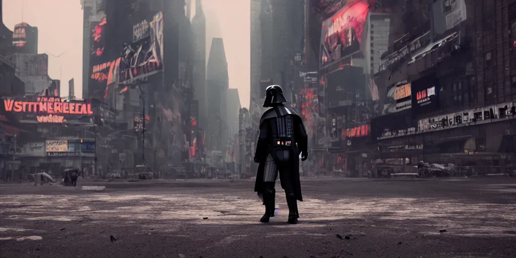 Prompt: a photo of darth vader walking in the empty streets of a post apocalyptic times square, 8 k, 3 d, octane render, realism, detailed, terror, sci - fi