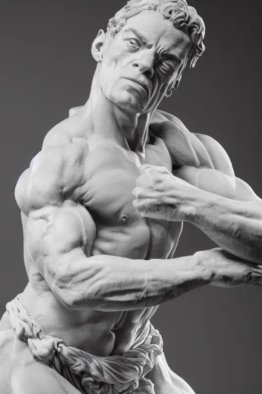 Prompt: Jean Claude Van Damme as a classical marble statue. Studio Photograph