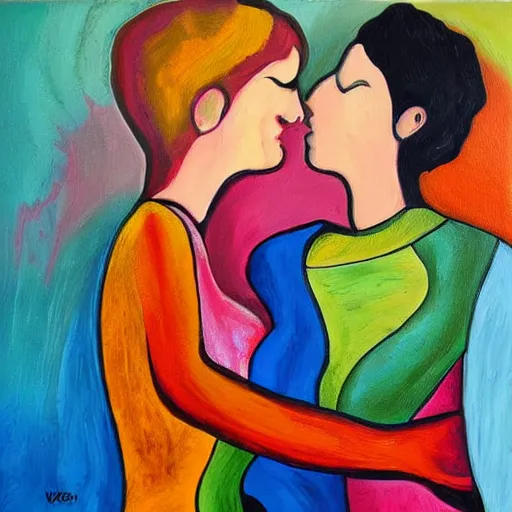 Prompt: lesbian couple, artistic, abstract, painting by magdalena weber