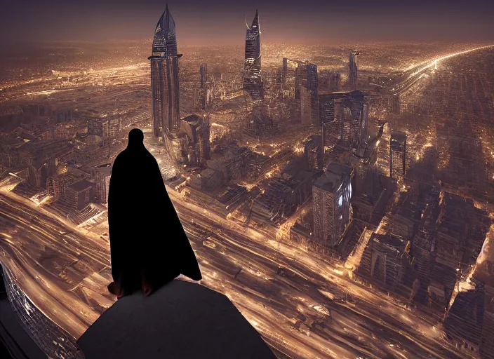 Prompt: man in silhouette cape overlooking on a building ledge towards the city below in modern day riyadh at midnight | kingdom tower | highly detailed | very intricate | cinematic lighting | by asher brown durand and eddie mendoza | featured on artstation