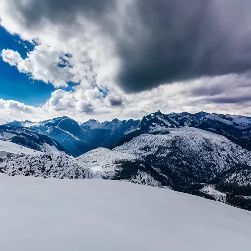 Prompt: cinematic view of mountains, snow, clouds, 8K