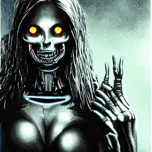 Prompt: a terrifying cybernetic woman, wires for hair, glowing eyes, razor sharp teeth, horror, computers, studio lighting, 8 5 mm f / 1. 8, cyberpunk, art by, masterpiece, trending, highly detailed, realistic, by basil gogos, by bernie wrightson, by graham ingels