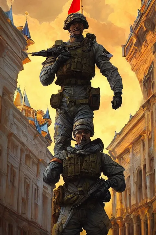 Image similar to special forces soldier raising ukrainian blue and yellow flag on red square kremlin, masculine figure, d & d, fantasy, bright atmosphere, volumetric lights, intricate, elegant, extremely detailed, digital painting, artstation, concept art, matte, smooth, sharp focus, hyper realistic, illustration, art by artgerm and greg rutkowski and alphonse mucha