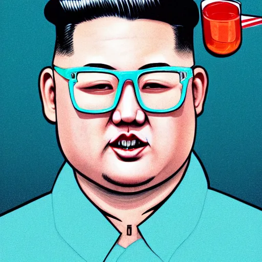 Prompt: a detailed caricature of kim jong un drinking a cocktail on a beach made of human skulls, realistic, detailed, full body, teal suit, intricate, elegant, highly detailed, artstation, sharp focus, illustration, art by Artgerm, Makoto Shinkai, Ilya Kuvshinov, Lois Van Baarle, and Rossdraws