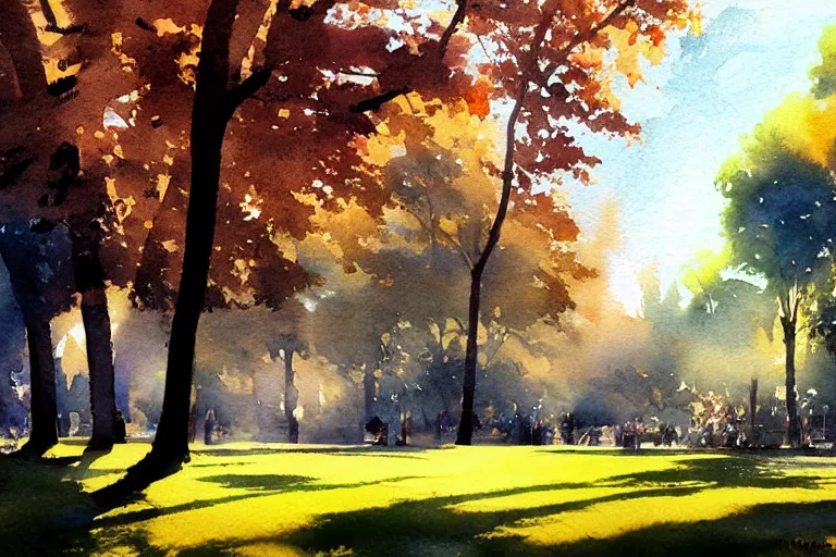 Image similar to small centered on watercolor paper, paint brush strokes, abstract watercolor painting of city park, daylight, shadows, foliage, sunlight, translucent leaves, cinematic light, national romanticism by hans dahl, by jesper ejsing, by anders zorn, by greg rutkowski, by greg manchess, by tyler edlin