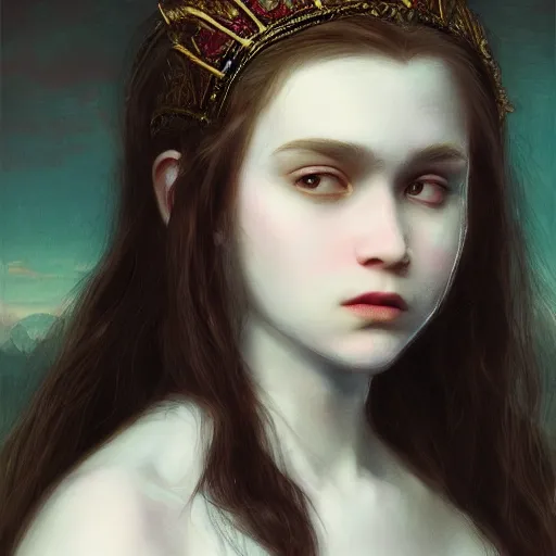 Prompt: portrait of young vampire princess, head only, realistic eyes, headshot, white hair, pale skin, 4k, rule of thirds, extreme detail, intricate illustration, trending artstation, cgsociety, hd, fantasy, realistic lighting, by Albert Bierstadt, Frederic Edwin Church.