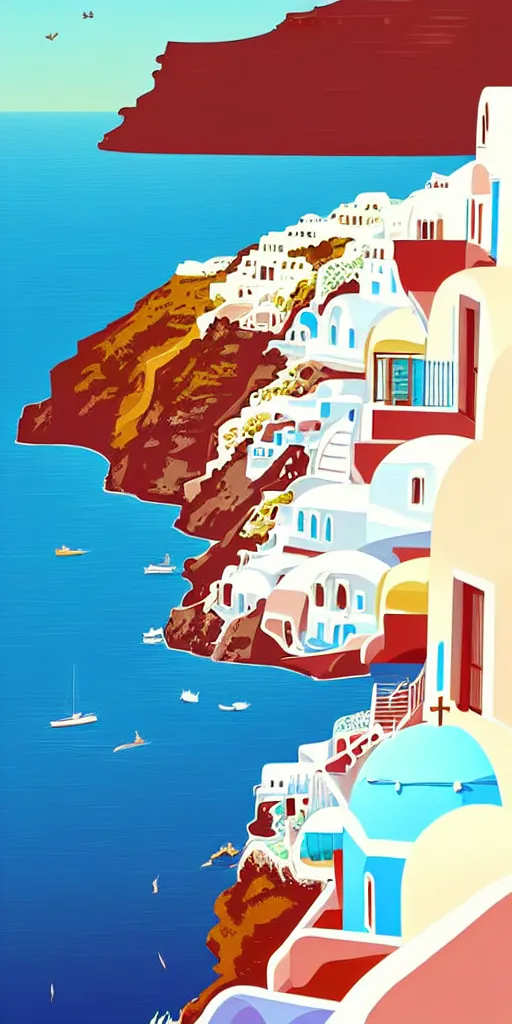 Image similar to a travel poster illustration depicting a house in santorini with an ocean view, vintage style, white architecture, digital painting, vector art, trending on artstration, by anton fadeev, by alena aenami