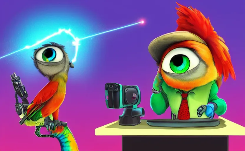 Image similar to “ one cute parrot with very big eyes, wearing a bandana and chain, holding a laser gun, standing on a desk, digital art, award winning, in the style of the movie zootopia ”