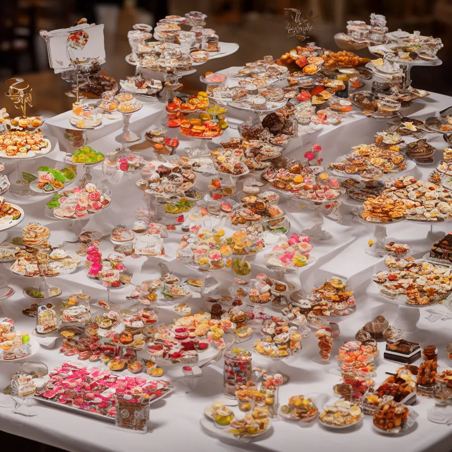 Image similar to a table with a white map full of sweets and bite sized deserts. highly detailed 8 k. intricate. nikon d 8 5 0 3 0 0 mm. award winning photography.