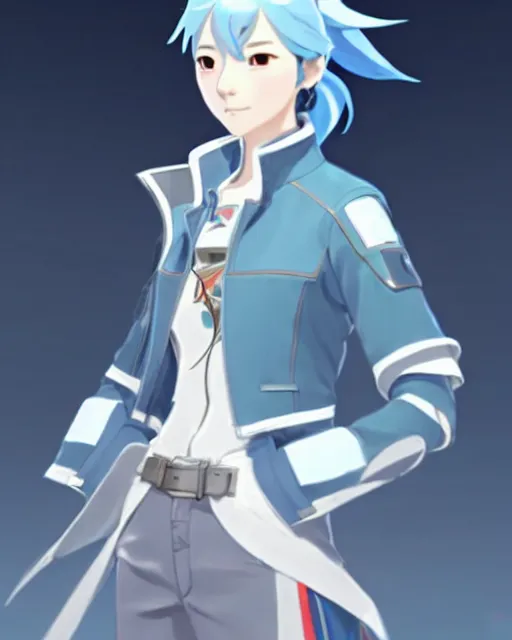 Image similar to a south korean female from video game paladins, she wears a light blue jacket, white ponytail hair, detailed perfect face, exquisite details, fire magic, mid view, design on a white background, by studio muti, greg rutkowski makoto shinkai takashi takeuch studio ghibli