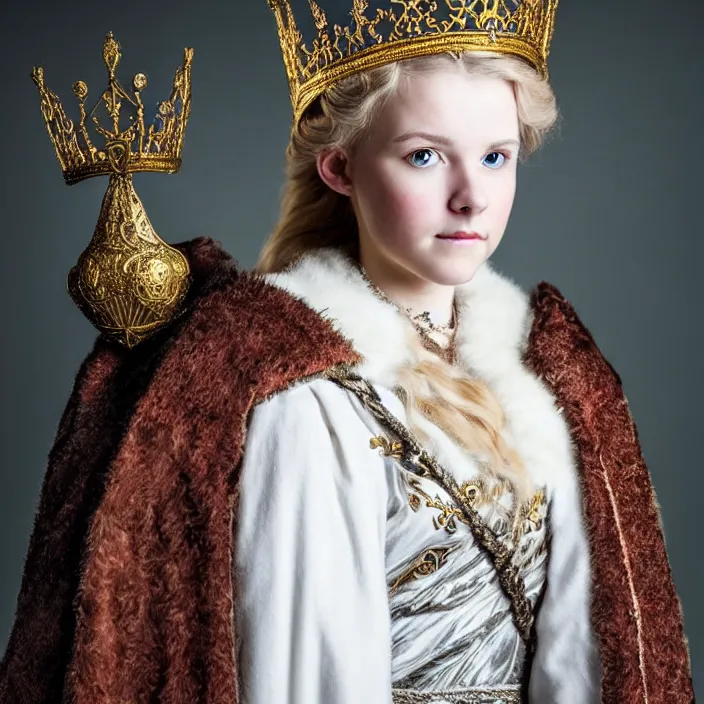 Image similar to portrait photograph of a real-life extremely beautiful!! young nordic queen with ornate cloak and crown, looking at the camera!!. Extremely detailed. 8k