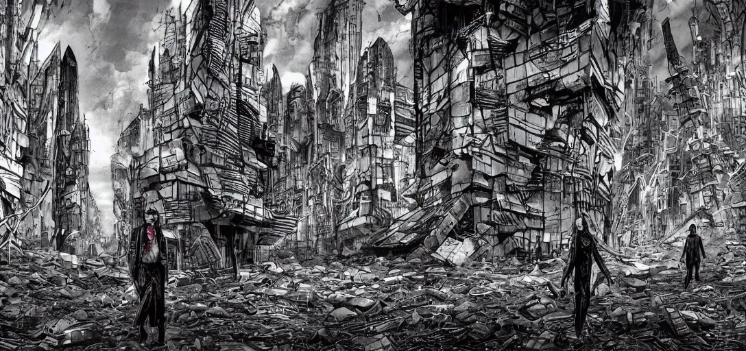 Image similar to abandoned and eroding futuristic city with figures walking around by Junji Ito, scary, horror, eeri, ominous