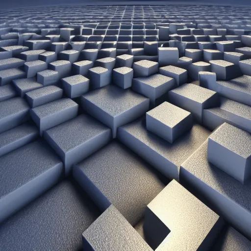 Image similar to simulated daylight, 3d raytraced render of a geometric landscape made entirely of non-textured cubes, subsurface scattering