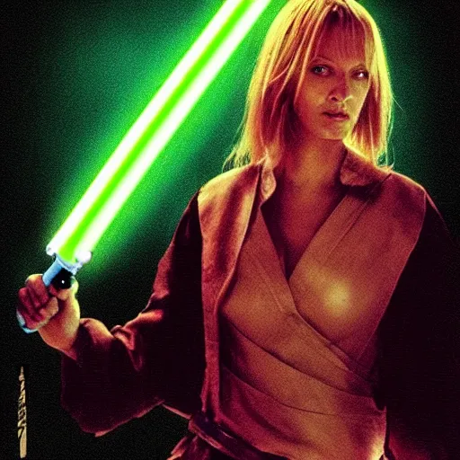 Prompt: “ uma thurman in kill bill in a sword stance with a lightsaber, highly detailed, 8 0 s pop neon movie poster ”