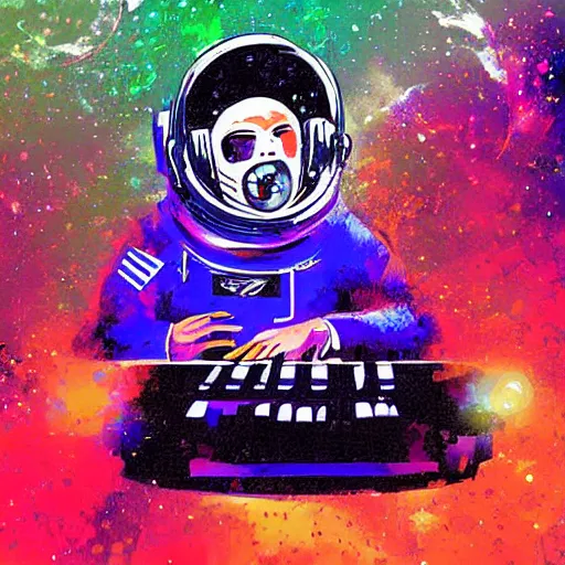 Image similar to an astronaut with headphone playing keyboard in the space, digital painting, digital art, bill sienkiewicz