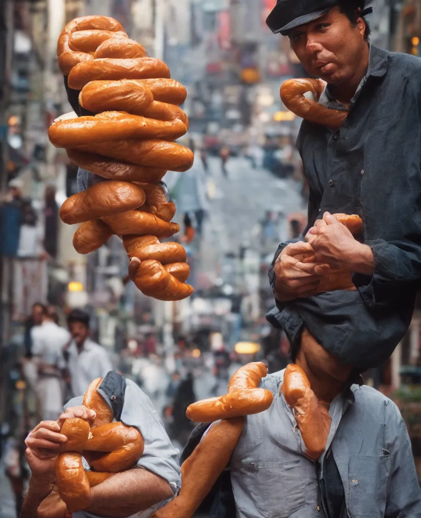 Image similar to closeup portrait of a man carrying a giant hotdog on his shoulder in a smoky new york back street, by Annie Leibovitz and Steve McCurry, natural light, detailed face, CANON Eos C300, ƒ1.8, 35mm, 8K, medium-format print