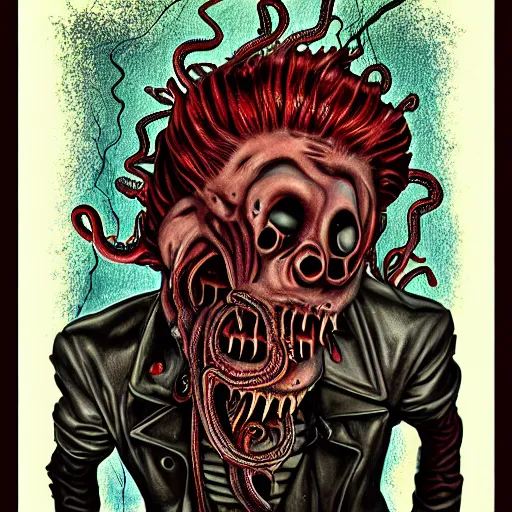 Prompt: guy richie's horror version. an unnatural abomination with long teeth, many tentacles, and gray skin. grunge, horror, dmt, dark and muted colors, detailed airbrush art, by yves klein