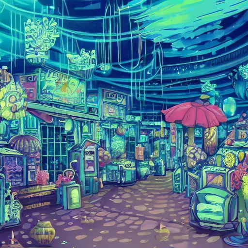 Image similar to anime background of an undersea shopping district built from various sea shells and corals, seaweed, light prisms, light diffraction, steampunk, cyberpunk, cool lights, anime, vhs distortion