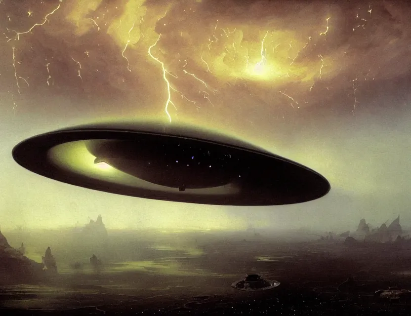 Prompt: a detailed painting of a a ufo mothership. cinematic sci - fi scene portrait and science fiction theme with lightning, aurora lighting. clouds and stars. smoke. futurism. fantasy. by beksinski carl spitzweg and tuomas korpi. baroque elements. baroque element. intricate artwork by caravaggio. oil painting. dramatic. artstation. 8 k