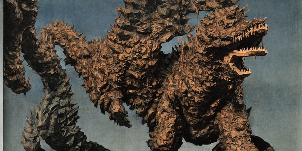 Image similar to paper mache godzilla breaking out of the artists studio, j. c. leyendecker, akira kurosawa