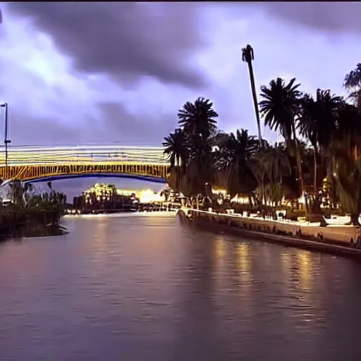 Prompt: blue hour, mostly cloudy sky, palm trees, bridge, curved bridge, dusk, 2 4 0 p footage, 2 0 0 6 youtube video, 2 0 0 6 photograph, home video