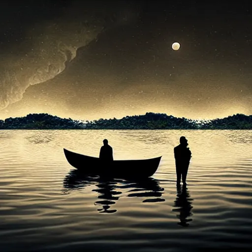 Image similar to father and daughter in a small boat late at night with the moon reflecting across the water,8k, hyper realistic, realistic waves, highly ornate intricate details, symmetrical artwork, digital artwork, cinematic, deep aesthetic, rich color,