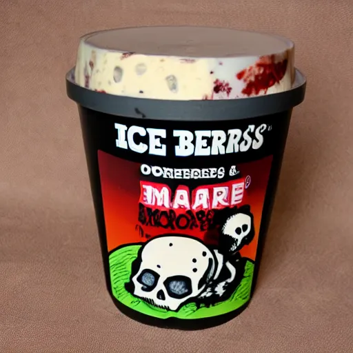 Prompt: ice cream of the macabre skin and bones flavour, ben and jerrys container, product, flesh, blood, evil, horror