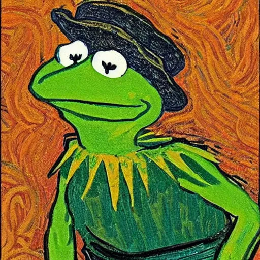 Image similar to Kermit the Frog, Van Gogh portrait, painting, detailed, visible brush strokes