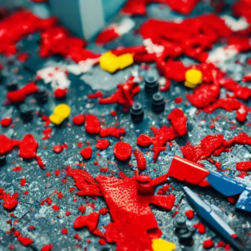 Image similar to photo of a lego set splattered with blood, shiny dark red blood splatter