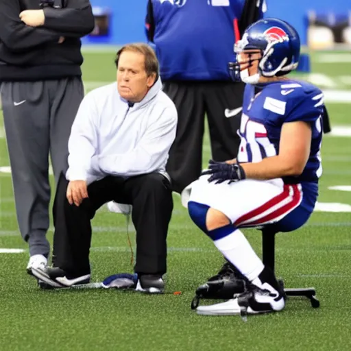Image similar to A frustrated coach Belichick attempting to teach an android how to play football