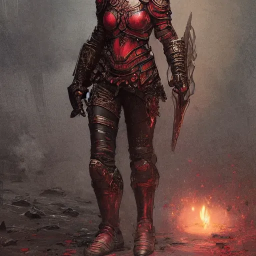 Image similar to young woman with short red hair, wearing black armour, bare legs, concept art, intricate details, highly detailed by greg rutkowski, michael whelan and gustave dore