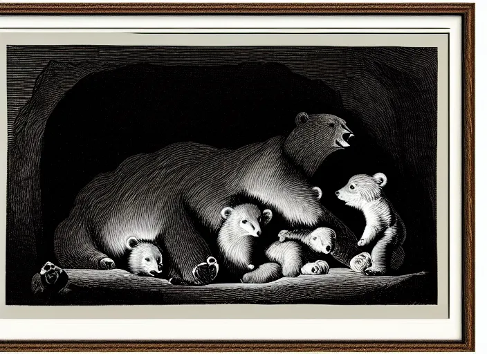 Image similar to Pieter Claesz's 'mother bear and her cubs sleeping in a dark cave', night time, cross hatching, framed