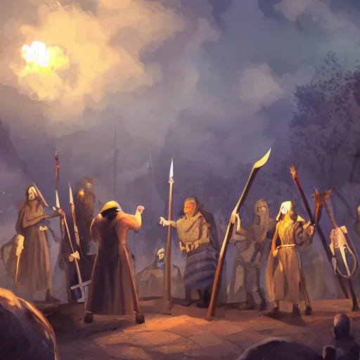 Image similar to a crowd of medieval people with Pitchforks and torches standing on clouds, higly detailed, ambient lighting, mystic, rpg artwork