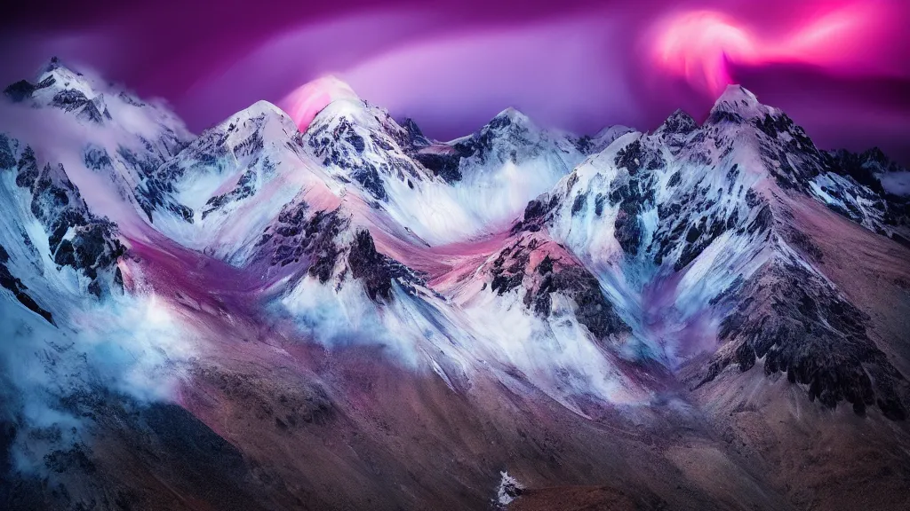 Prompt: amazing landscape photo of mountains with a purple tornado by marc adamus, beautiful dramatic lighting