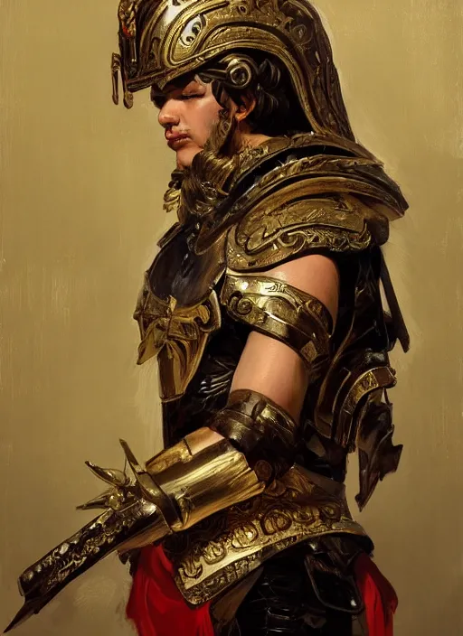 Image similar to portrait of an ancient roman character in incredible rich ornate armor, by ilya kuvshinov, by thomas lawrence, by bayard wu, trending on artstation, masterpiece