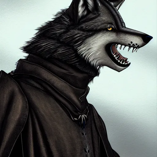 Image similar to an anthropomorphic wolf in a black doublet looking out over the hills, artstation hq, stylized, sharp focus, concept art, furaffinity fursona, furry, anthropomorphic, digital art by ayami kojima