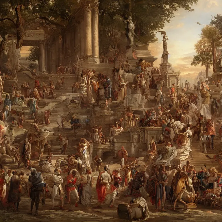 Prompt: a beautiful painting of situation when in rome, do as the romans do, follow the local customs when you visit a foreign place, highly detailed, 8 k resolution, trending on artstation