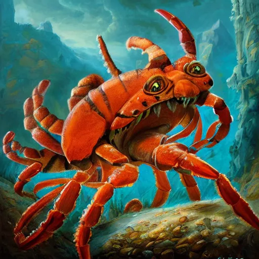 Image similar to tiger - crab creature, oil painting by justin gerard, deviantart