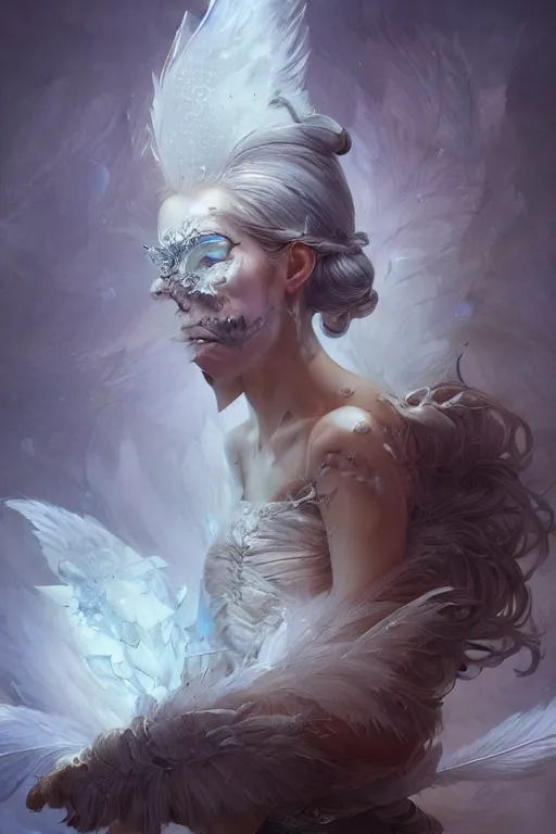 Prompt: beautiful ghost model wearing crystal white feathers, holding books, fantasy, dramatic lighting, highly detailed, digital painting, magic the gathering, hyper detailed, 3 d render, hyper realistic detailed portrait, peter mohrbacher, wlop, ruan jia