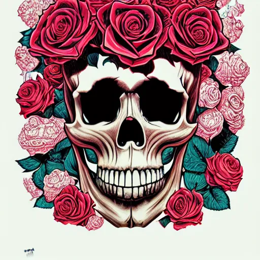 Image similar to ortographic view of a large skull and gothic roses by Jen Bartel and Dan Mumford and Satoshi Kon, gouache illustration