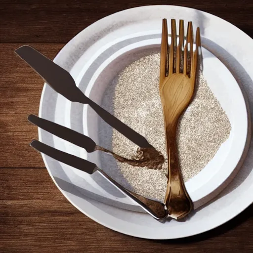 Prompt: a fork made of sand, realistic, ultra high detail, the fork is on a plate, the plate is on a wooden table.