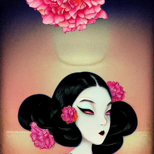 Image similar to digital painting of an pastle goth geisha by terese nielsen, mark ryden, amy sol in the style of, vintage shoujo, fantastic planet, 6 0 s poster art, minimalist poster art, flowers, stipple art, artgerm