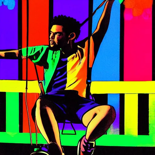 Prompt: pop art of Weeknd wearing shorts swinging on a swing at night neon lights