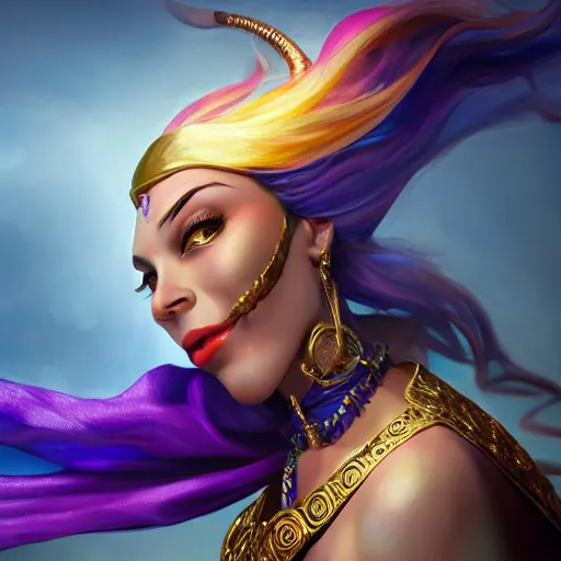 Image similar to all powerful genie, ecstatic, infinite power, manic, perfect eyes, full body shot, magical being, magic, portrait, noble, transformation, vivid colors, elegant, concept art, sharp focus, digital art, Hyper-realistic, 4K, Unreal Engine, Highly Detailed, HD, Dramatic Lighting by Brom, trending on Artstation