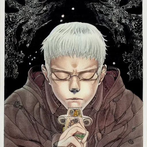 Prompt: prompt: portrait drawn by Katsuhiro Otomo, inspired by Lord of The Rings characters, magical and alchemical objects on the side, soft light, white background, intricate detail, intricate ink painting detail, sharp high detail, manga and anime 2000