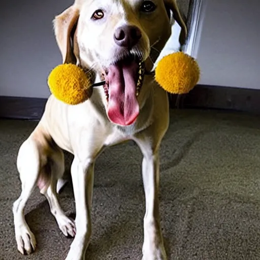 Prompt: dog with a bee as amber heard