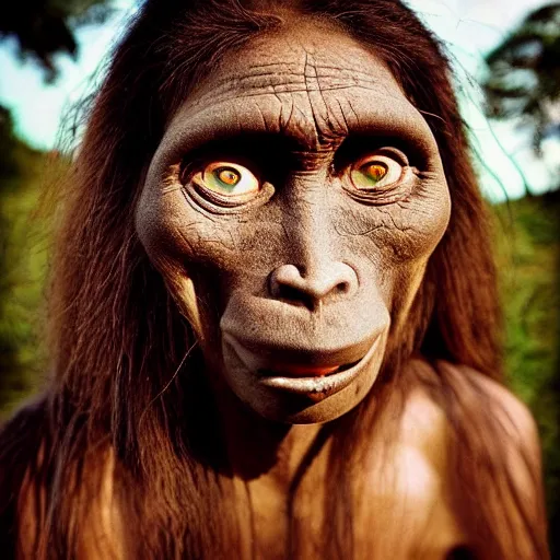 Prompt: “ a primitive pre-human woman Neanderthal looking deeply to the camera, blue eyes, smiling, anthropology photography, color kodakcrhome 64,National Geographic ”